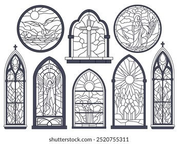 Stained glass outline windows. Church catholic and christian frames, architecture arched, round and pointed religious mosaic elements, gothic cathedral ornament, saint and angel, vector set