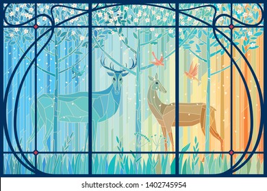 Stained glass pair of deer in the spring forest in Art Nouveau frame. Vector graphics