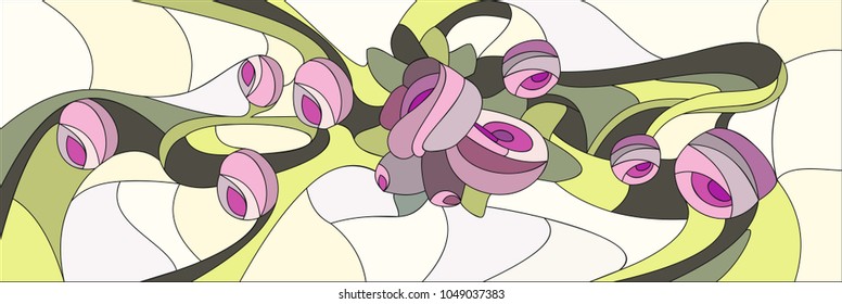 Stained glass panel. Tiffany technique, composition with flowers and leaves of rose. In a rectangular frame for a window or door. Vector Illustration