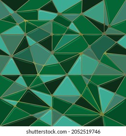Patrón de vidrio manchado. Fondo de las células, triángulos. Baldosas de mosaico de cristal irregular con marcos de malla dorada, tapices de color verde claro. Textura vectorial sin inconvenientes