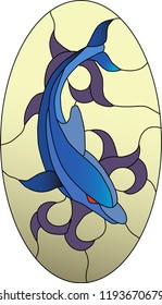Stained glass pattern with blue dolphin and purple curves on light yellow background.

