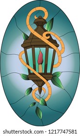 Stained glass pattern of old brown lantern with green leaves and oval background