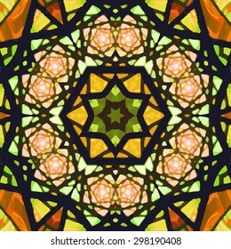 Stained glass pattern. Seamless symmetrical background template.  Multicolored vivid design element. Bright and beautiful kaleidoscopic texture for design uses