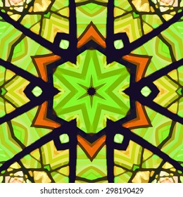 Stained glass pattern. Seamless symmetrical background template.  Multicolored vivid design element. Bright and beautiful kaleidoscopic texture for design uses