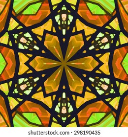 Stained glass pattern. Seamless symmetrical background template.  Multicolored vivid design element. Bright and beautiful kaleidoscopic texture for design uses