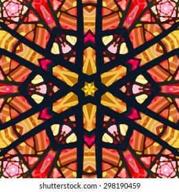 Stained glass pattern. Seamless symmetrical background template.  Multicolored vivid design element. Bright and beautiful kaleidoscopic texture for design uses