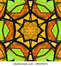 Stained glass pattern. Seamless symmetrical background template.  Multicolored vivid design element. Bright and beautiful kaleidoscopic texture for design uses