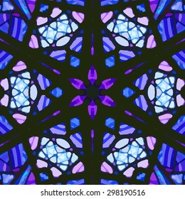 Stained glass pattern. Seamless symmetrical background template.  Multicolored vivid design element. Bright and beautiful kaleidoscopic texture for design uses