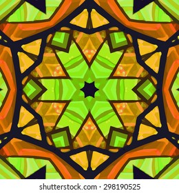 Stained glass pattern. Seamless symmetrical background template.  Multicolored vivid design element. Bright and beautiful kaleidoscopic texture for design uses