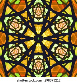 Stained glass pattern. Seamless symmetrical background template.  Multicolored vivid design element. Bright and beautiful kaleidoscopic texture for design uses