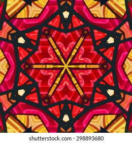 Stained glass pattern. Seamless symmetrical background template.  Multicolored vivid design element. Bright and beautiful kaleidoscopic texture for design uses
