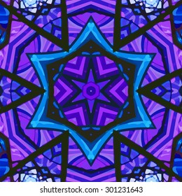 Stained glass pattern. Seamless symmetrical background template.  Multicolored vivid design element. Bright and beautiful kaleidoscopic texture for design uses