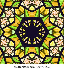Stained glass pattern. Seamless symmetrical background template.  Multicolored vivid design element. Bright and beautiful kaleidoscopic texture for design uses
