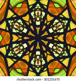 Stained glass pattern. Seamless symmetrical background template.  Multicolored vivid design element. Bright and beautiful kaleidoscopic texture for design uses