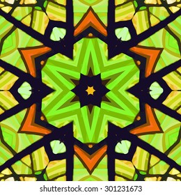 Stained glass pattern. Seamless symmetrical background template.  Multicolored vivid design element. Bright and beautiful kaleidoscopic texture for design uses