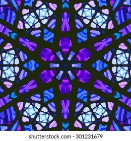 Stained glass pattern. Seamless symmetrical background template.  Multicolored vivid design element. Bright and beautiful kaleidoscopic texture for design uses