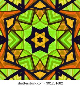 Stained glass pattern. Seamless symmetrical background template.  Multicolored vivid design element. Bright and beautiful kaleidoscopic texture for design uses