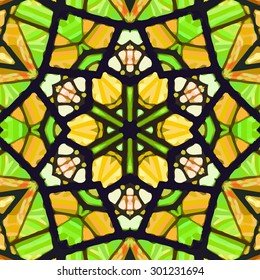 Stained glass pattern. Seamless symmetrical background template.  Multicolored vivid design element. Bright and beautiful kaleidoscopic texture for design uses