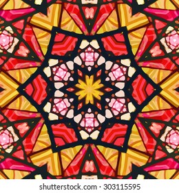 Stained glass pattern. Seamless symmetrical background template.  Multicolored vivid design element. Bright and beautiful kaleidoscopic texture for design uses