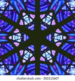 Stained glass pattern. Seamless symmetrical background template.  Multicolored vivid design element. Bright and beautiful kaleidoscopic texture for design uses