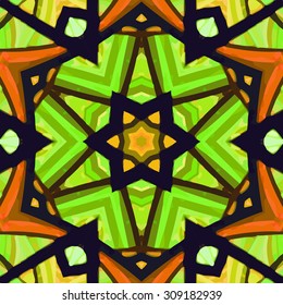 Stained glass pattern. Seamless symmetrical background template.  Multicolored vivid design element. Bright and beautiful kaleidoscopic texture for design uses
