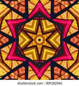 Stained glass pattern. Seamless symmetrical background template.  Multicolored vivid design element. Bright and beautiful kaleidoscopic texture for design uses