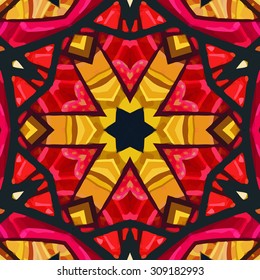 Stained glass pattern. Seamless symmetrical background template.  Multicolored vivid design element. Bright and beautiful kaleidoscopic texture for design uses