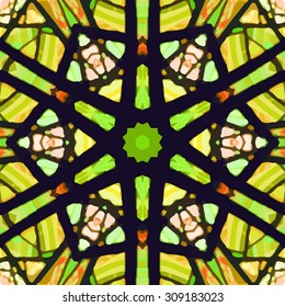 Stained glass pattern. Seamless symmetrical background template.  Multicolored vivid design element. Bright and beautiful kaleidoscopic texture for design uses