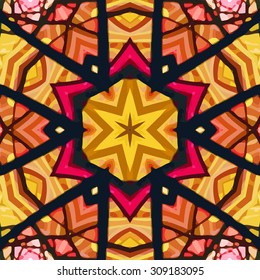 Stained glass pattern. Seamless symmetrical background template.  Multicolored vivid design element. Bright and beautiful kaleidoscopic texture for design uses