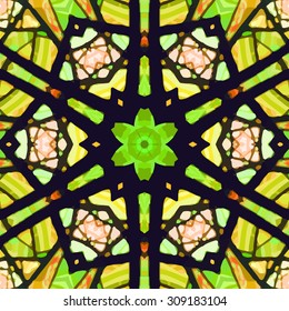 Stained glass pattern. Seamless symmetrical background template.  Multicolored vivid design element. Bright and beautiful kaleidoscopic texture for design uses