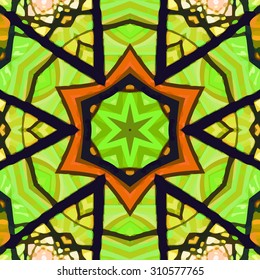 Stained glass pattern. Seamless symmetrical background template.  Multicolored vivid design element. Bright and beautiful kaleidoscopic texture for design uses