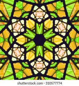 Stained glass pattern. Seamless symmetrical background template.  Multicolored vivid design element. Bright and beautiful kaleidoscopic texture for design uses