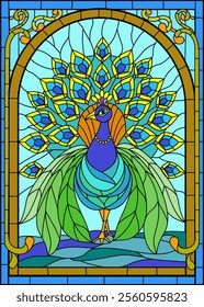 Stained glass of a peacock dancing with its colorful natural tail in an arch.
