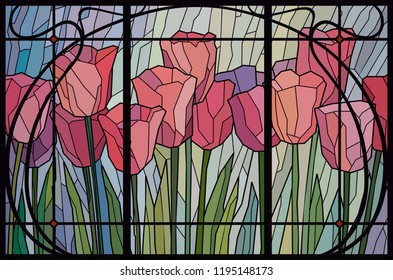 Stained glass pink tulips. Frame lattice modern. Vector graphics