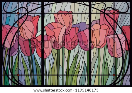 Stained glass pink tulips. Frame lattice modern. Vector graphics