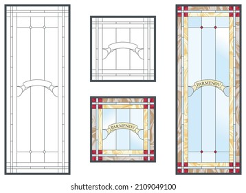 Stained glass with a place for a family name. Rectangular and square frame. Colorful stained glass window in classic style for ceiling or door panels, Banner for your initials. Vector