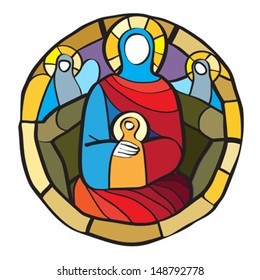 Stained glass primitive style illustration of the Virgin with child, blank faces colored project isolated on white