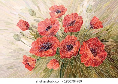 Stained glass red poppies on a beige background