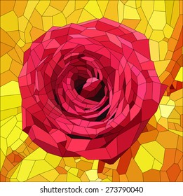 stained glass with red rose on orange and yellow background , vector illustration
