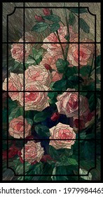 Stained glass rose in a black decorative frame. Image for printing on glass