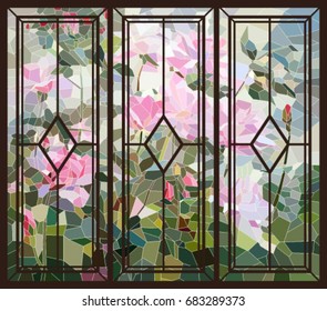 Stained Glass Roses bush in a frame