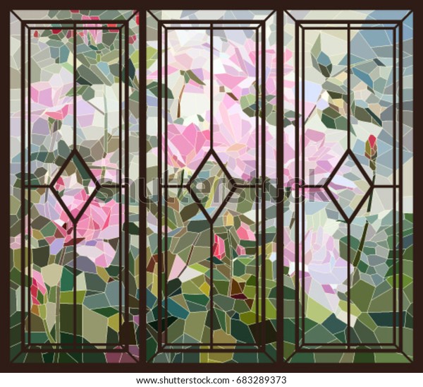 Stained Glass Roses Bush Frame Stock Vector Royalty Free 683289373