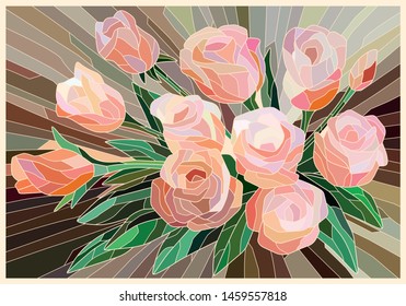 Stained Glass Roses on a beige background. Light lines. Vector full color graphics