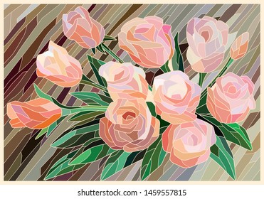 Stained Glass Roses on a brown background. Light lines. Vector full color graphics