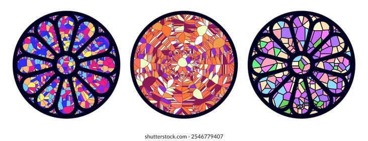 Stained glass rosette vector illustration set