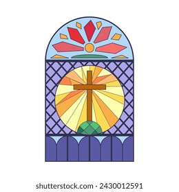 Stained glass round arch window, Christian cross and sunrise mosaic pattern inside frame vector illustration