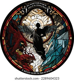 Stained glass round window of angel in a valley, bible verse on edge