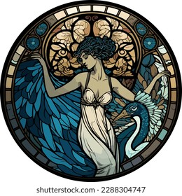 Stained glass round window of a black woman and blue egret bird, art nouveau style