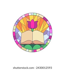 Stained glass round window with circular border, open book and flower vector illustration