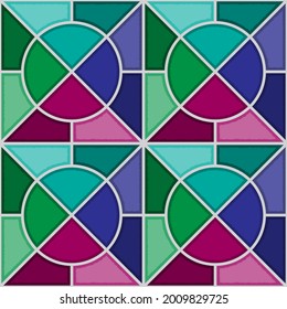 Stained glass seamless pattern. Abstract geometric background in purple, green and blue colors